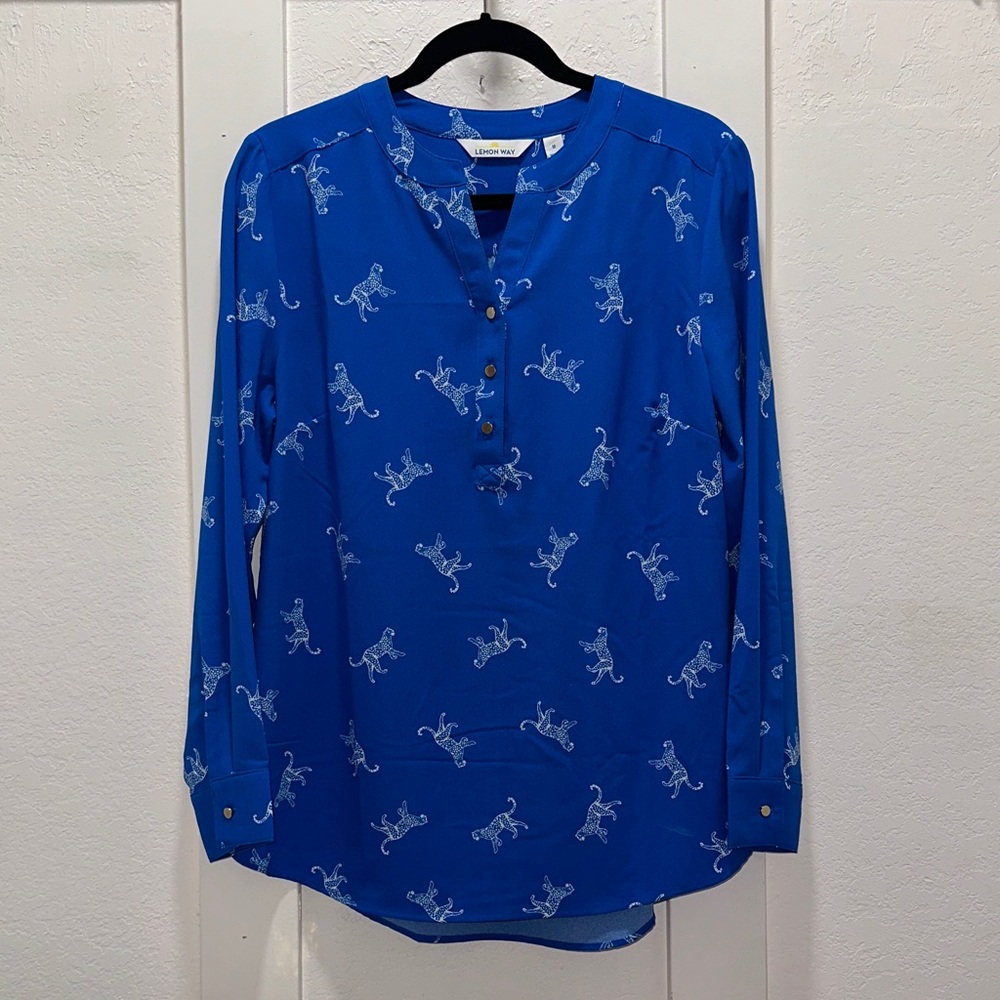 Lemon Royal Blue Blouse with Animal Motif
